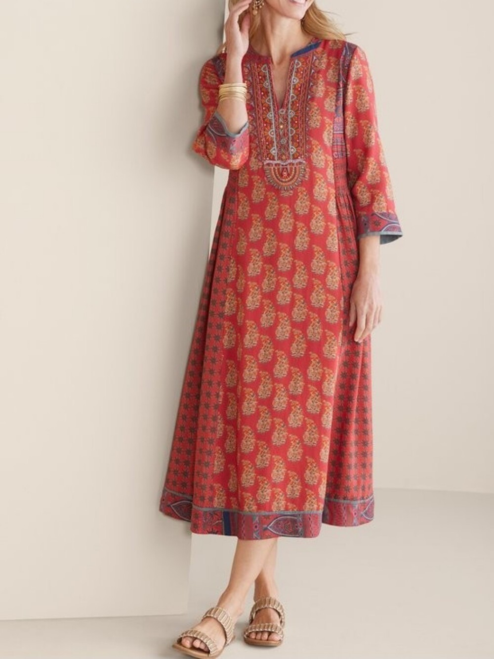 Soft Surroundings Phoenix Embellished V-Neck Dress Size Large - Red